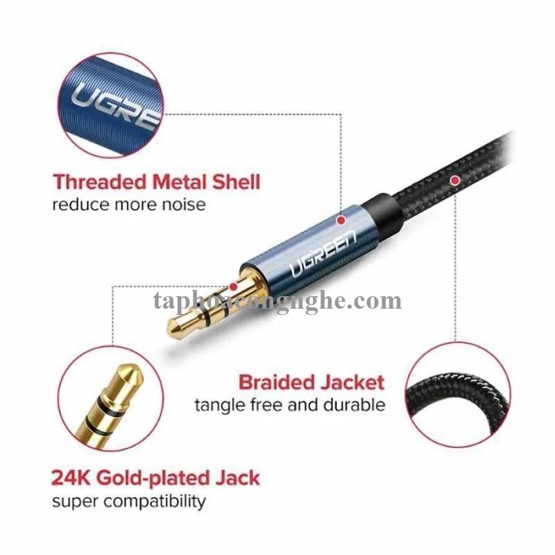 ugreen 60178 0.5M bẻ góc 90 độ cáp 3.5mm màu đen đầu xanh dương mạ vàng 24k 50cm AV112 30060178